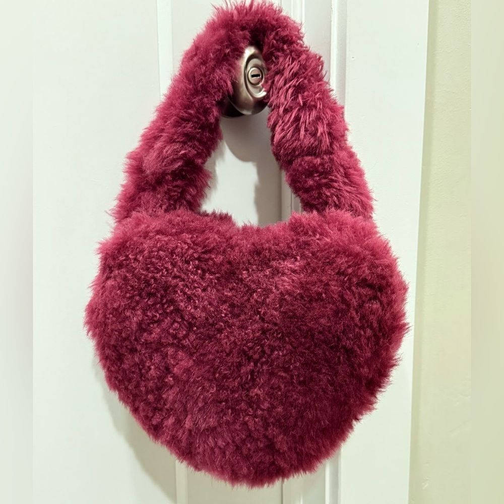 Maroon Handmade Dyed Genuine Shearling Heart Shaped & Fur Strap Bag, Crossbody